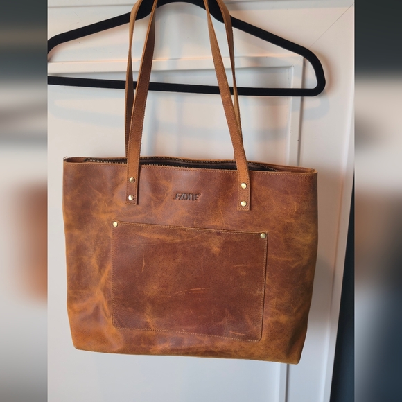 S ZONE Brown Leather Tote Bag Vintage Leather Wear - Picture 4 of 5